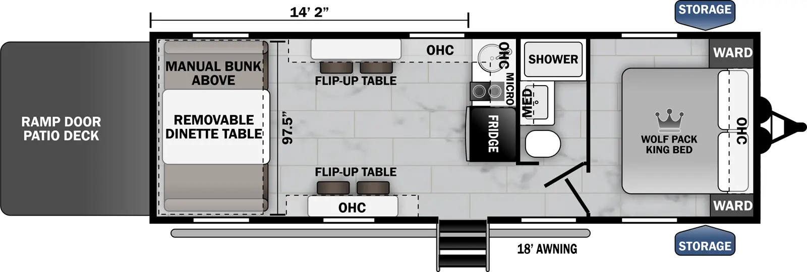 The 25-14 has zero slideouts, one entry, and a rear ramp door. Exterior features storage and a 18 foot awning. Interior layout front to back: foot-facing king bed with overhead cabinet and wardrobes on each side; off-door side full bathroom with medicine cabinet; door side entry; refrigerator, and kitchen counter with sink, cooktop, overhead cabinet, and microwave along inner wall; opposing flip-up tables with overhead cabinet and seating; rear removable dinette table with manual bunk above. Garage dimensions: 14 foot 2 inches from rear to kitchen counter; 97.5 inches from door side to off-door side.